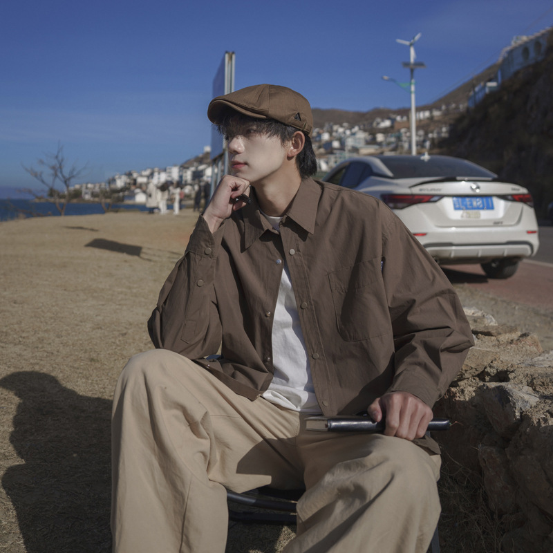 Japanese Vintage cityboy Brown Shirt Men's Autumn Tooling Long Sleeve Shirt American oversize Jacket