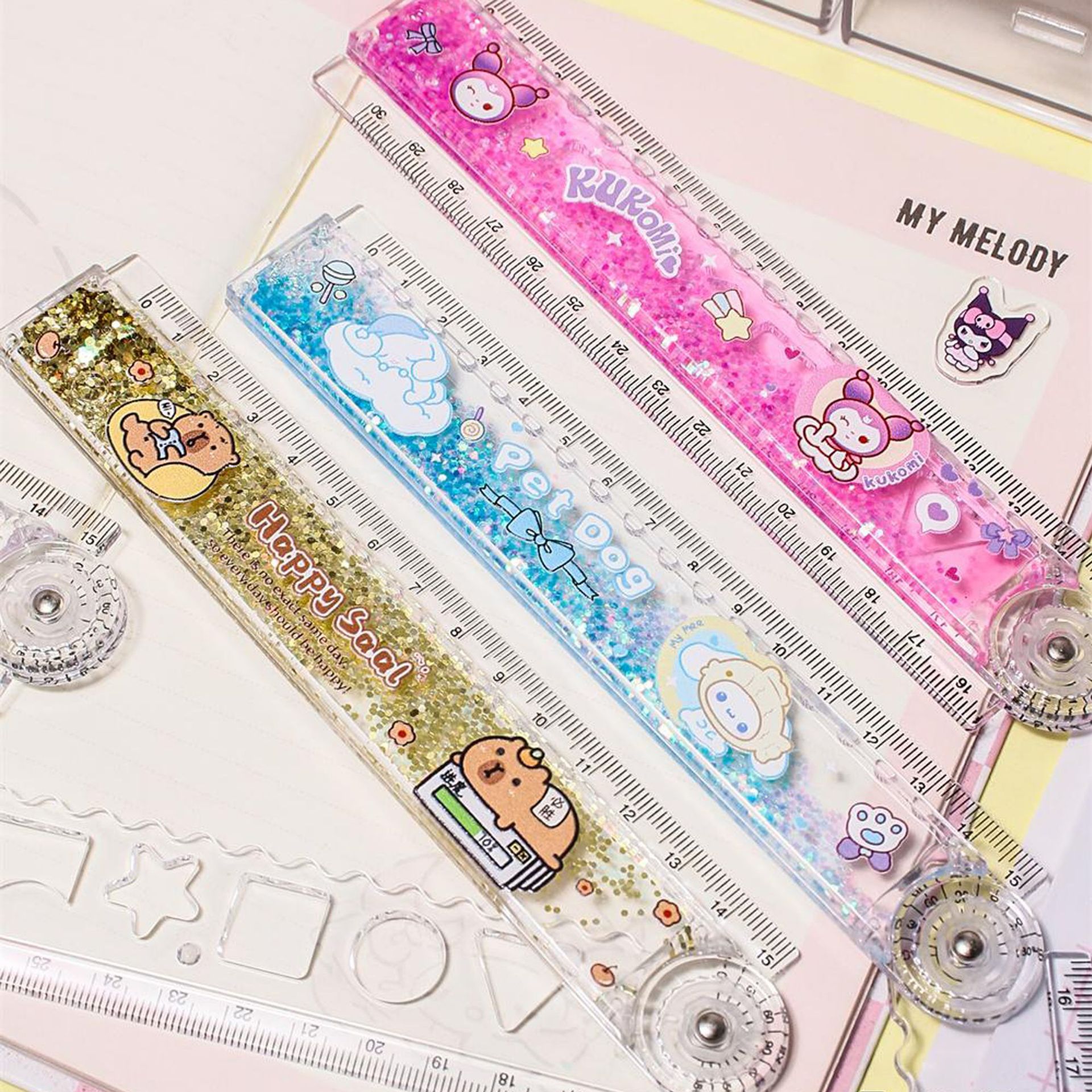 Valor facial alto 30cm alargado regla de arena flotante plegable con líneas onduladas lindas para estudiantes especiales de dibujos animados regla recta