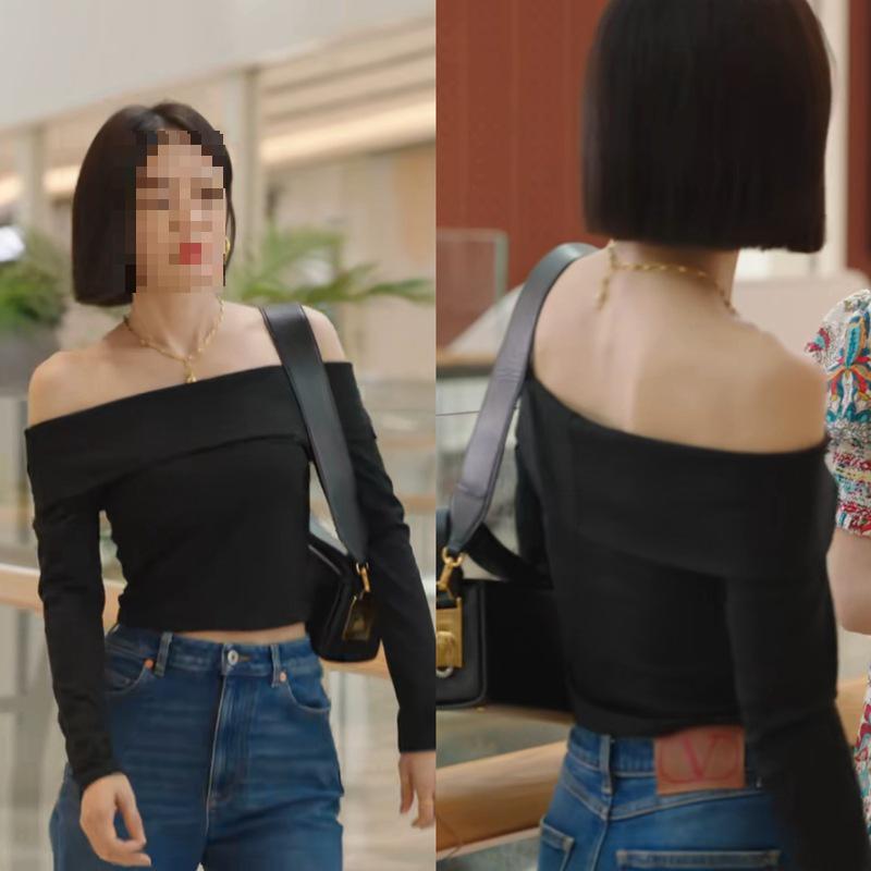 Shining her Qin Lan Guanwen same style black off-the-neck short T-shirt Slim slimming pure desire style top for women