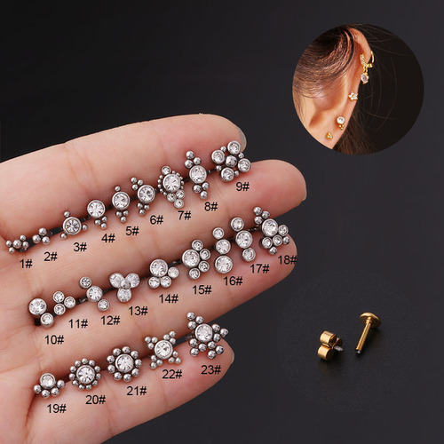 Stainless steel welded ball inlaid with diamond 1.2*6/8mm inner tooth lip nail earrings piercing jewelry punk piercing jewelry