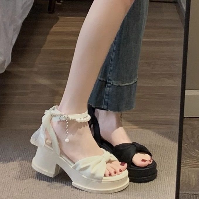 High-Heeled Thick-Soled Bow-Knot Sandals for Women, 2025 Summer New Style, Pearl Fashion Versatile Commuter One-Strap Sandals