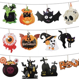 Cross-Border 12-Piece Wooden Halloween Ceiling Decorations, Halloween Party Decorations, Halloween Hanging Decorations