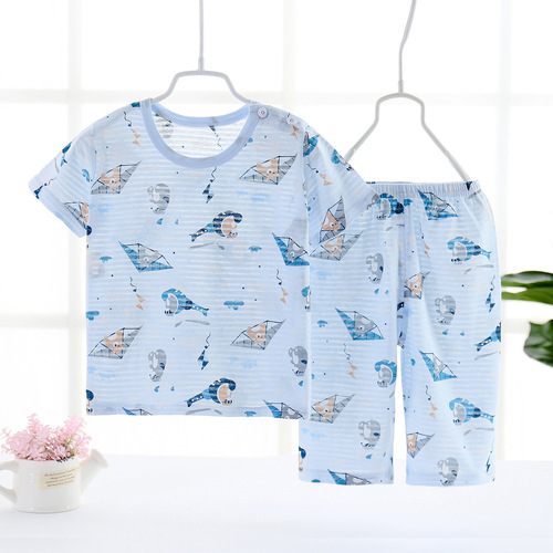 Children's summer pure cotton short-sleeved home clothes for boys and girls, thin suits for small and medium-sized children, breathable pajamas, air-conditioned clothing