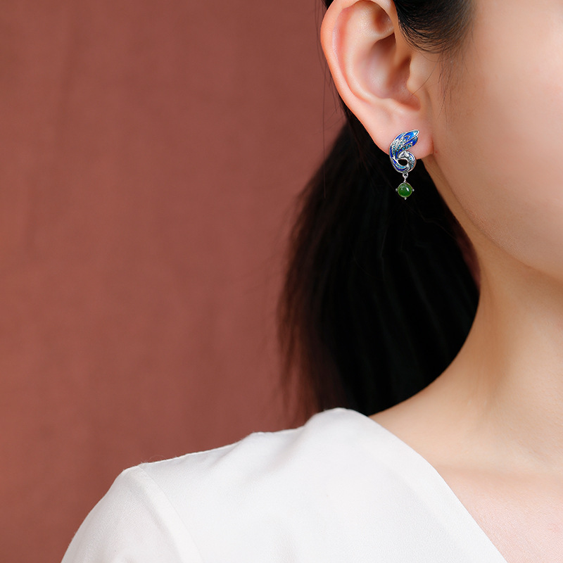 Bông tai dài bạc S925 đá Jasper xanh men hạt tròn phong cách dân tộc — một cặp