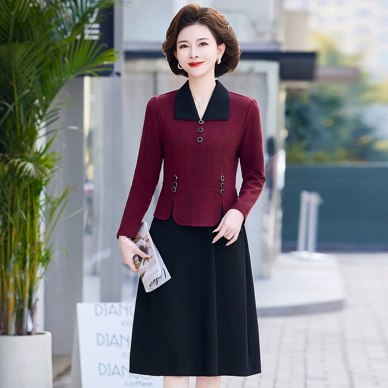 2025 весна и осень новая мама платье среднего и пожилого возраста поддельные две юбки женские короткие рубашки воротник весенняя одежда