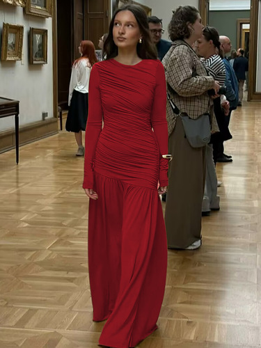 Hot-selling European and American Women's Wear 2025 Early Autumn New Arrival: Stylish, Slim-Fit Pleated Elegant Round-Neck Long-Sleeve Dress for Women