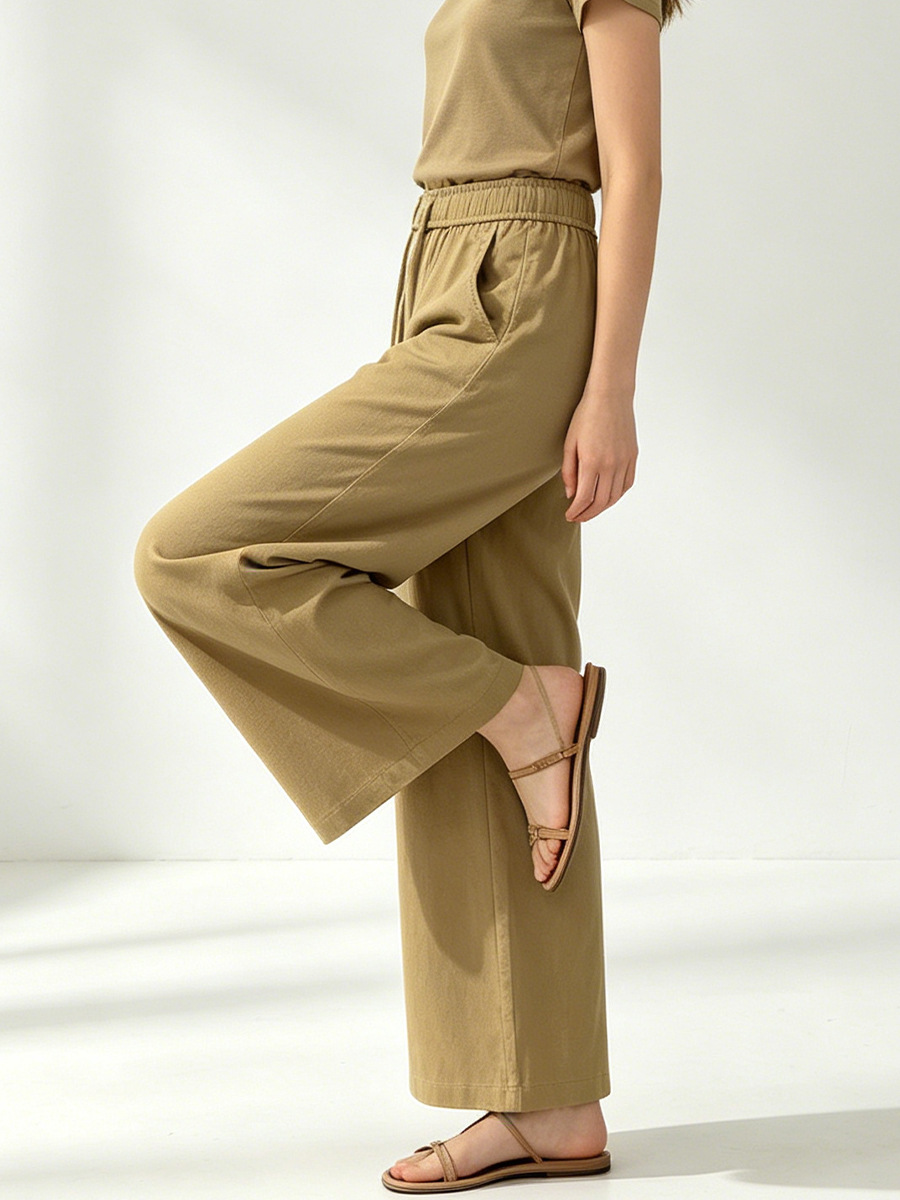Quần culottes nữ ống rộng cạp cao vải lanh phối sợi tencel dáng suông ống thẳng — màu kaki