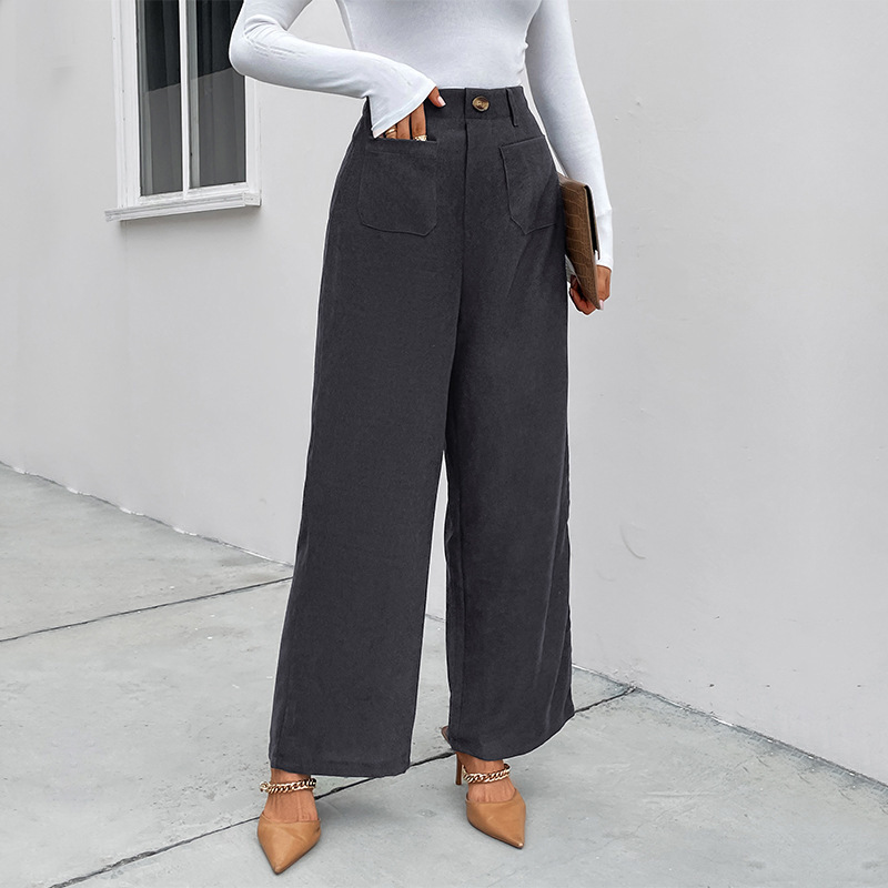 women's autumn and winter loose casual pants commuting high-waisted wide-leg pants corduroy casual button trousers_voghion.com