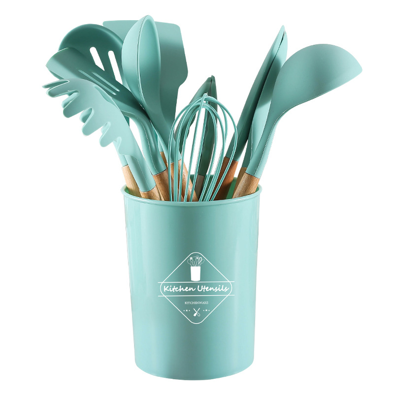 Juego de utensilios de cocina de silicona con mango de madera grueso, juego de 12 piezas, pala de cocina resistente a altas temperaturas, cuchara, colador de espátula de silicona