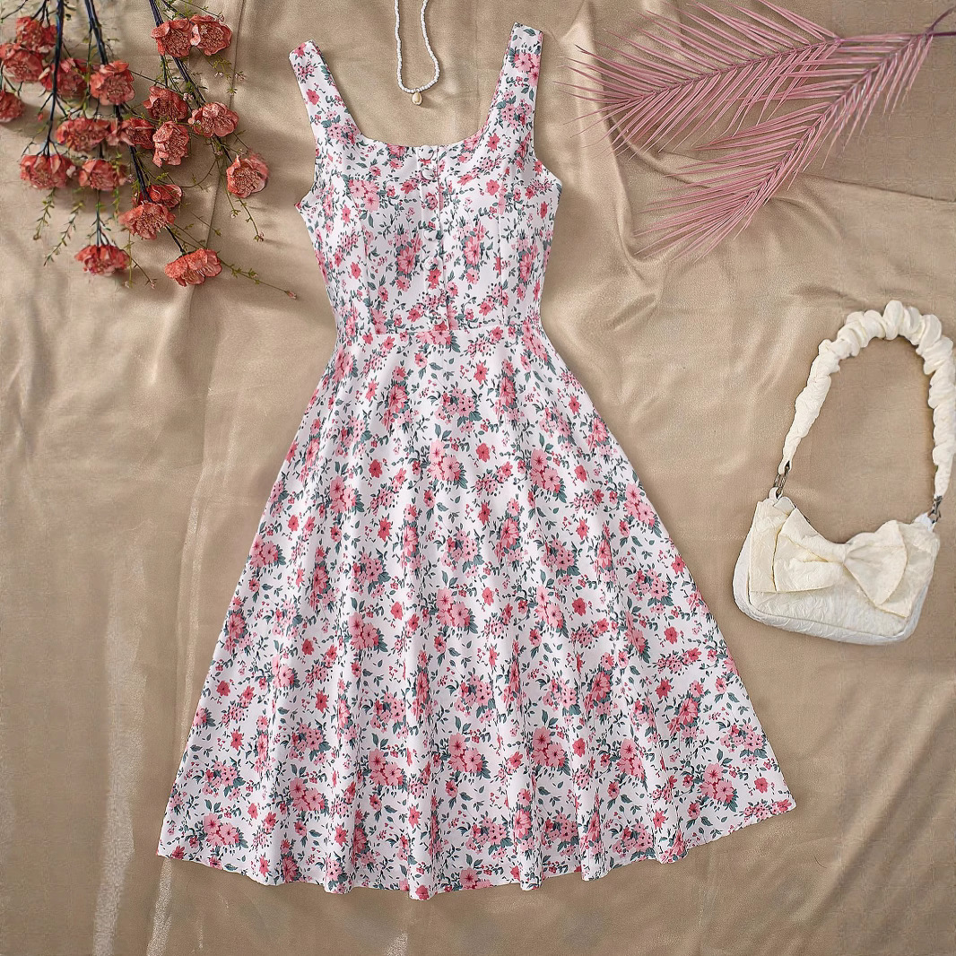 Cross-Border Export 1950S Retro Cocktail Party Sleeveless Dress Summer Printed Button A-Line Dress Ready for Sale