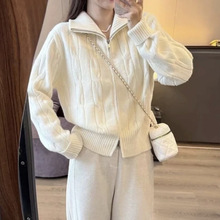 纯色休闲双拉链麻花针织开衫外套时尚百搭秋冬新款气质毛衣上衣女