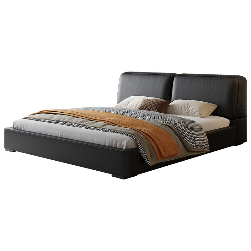 Imagen de verano cama de cuero genuino italiano minimalista gran vaca negra cuadrada cama doble 1,8 m Cama grande piso simple cama de boda negro