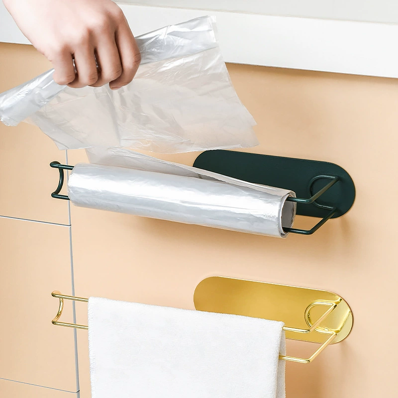 Kitchen paper towel holder without punching iron paper holder plastic wrap hanger cabinet door roll paper wall-mounted storage hanger