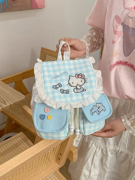 Cute Cartoon Small Backpack Japanese College Style Bag for Women 2026 Fashion Fresh Plaid Lace Backpack