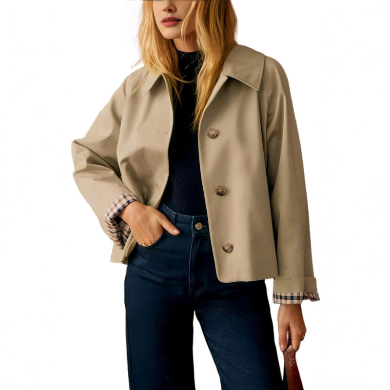 Cross-Border Amazon Women's Double-Breasted Short Trench Coat with Plaid Lining, Button Front, Lightweight Plaid Jacket with Pockets Cross-Border Amazon Women's Double-Breasted Short Trench Coat with Plaid Lining, Button Front, Lightweight Plaid Jacket with Pockets