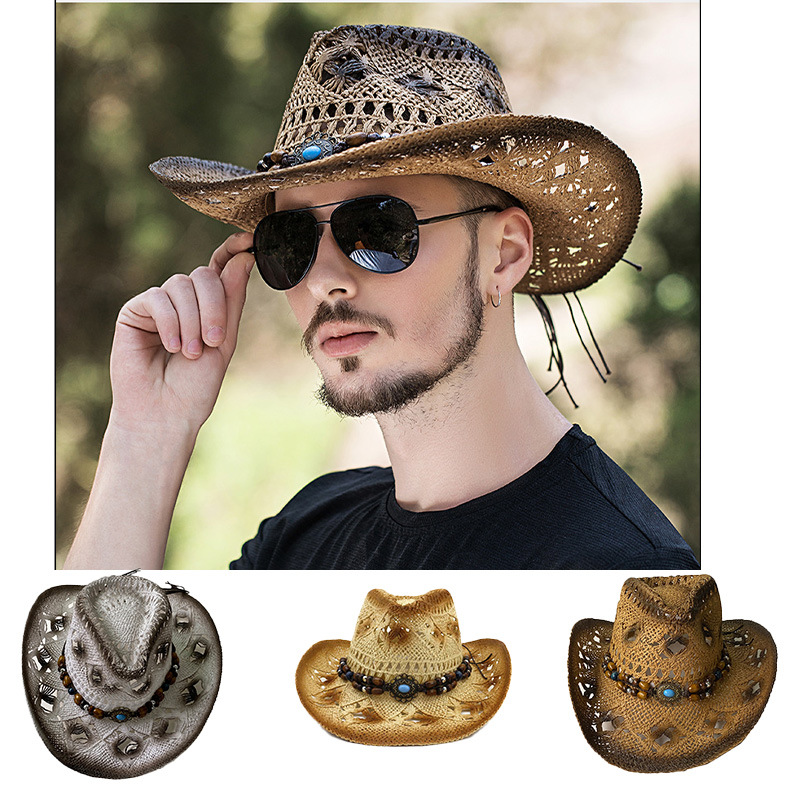 Vintage Sun Hat New Men's Denim Rattan Straw Summer Sun Protection Fishing Hat, Hat For Scenic Areas_voghion.com