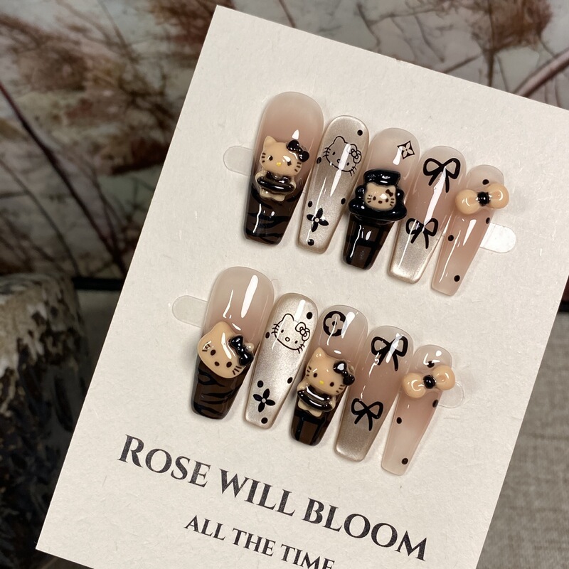 Wholesale Handmade Wearable Maillard Kitty Cat Cute Cartoon Autumn and Winter Cat Eye Butterfly Manicure Fake Nails Wholesale Handmade Wearable Maillard Kitty Cat Cute Cartoon Autumn and Winter Cat Eye Butterfly Manicure Fake Nails