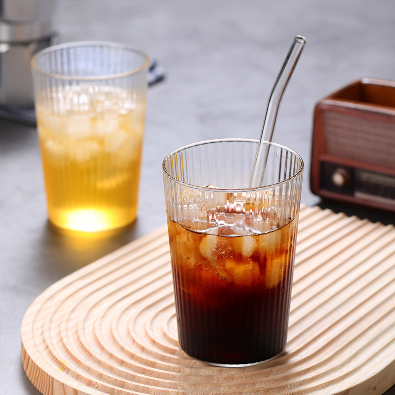 Factory Direct heat-resistant double-layer glass striped Cup heat insulation coffee cup striped straw coffee cup cold coffee cup