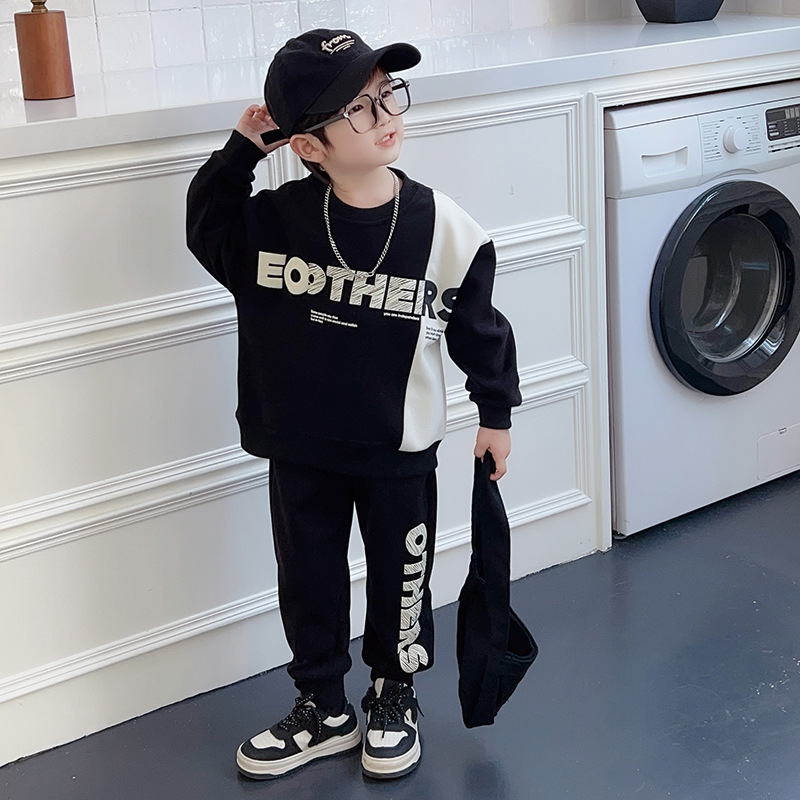 Conjunto de dos piezas de manga larga para niños, suéter con letras bloqueadas de Color para primavera y otoño, pequeño y mediano, 2023_voghion.com