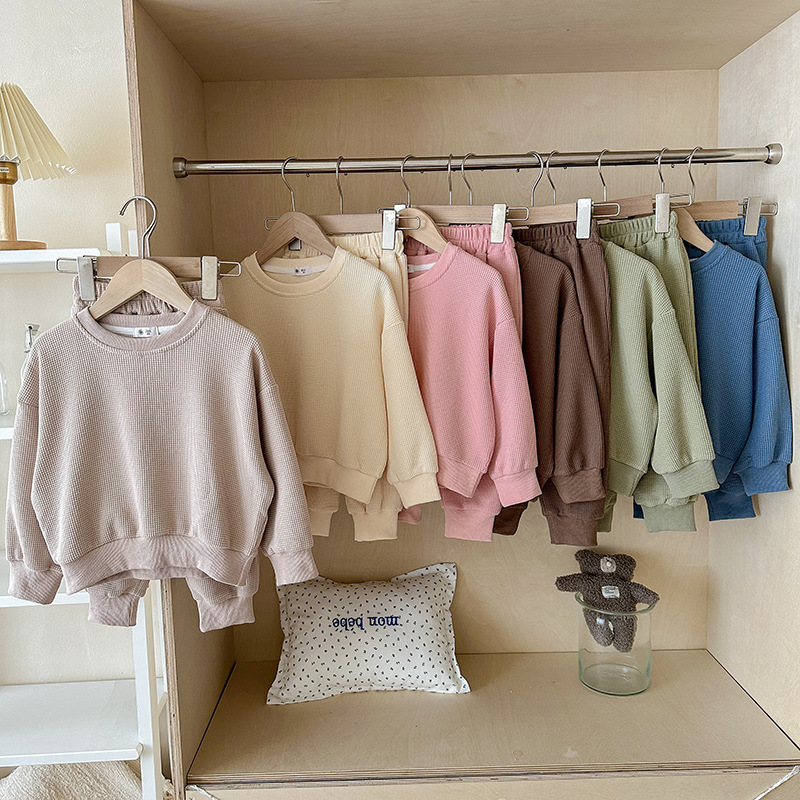 韩国童装春秋季套装新款女童长袖卫衣华夫格套装男女童休闲套装