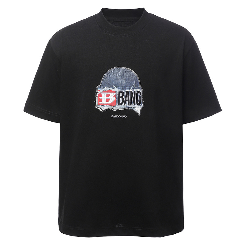 American-Style Hat Patch Embroidery Round Neck Short-Sleeve T-Shirt for Men, Street Style Cool Trendy Brand Summer Couple Heavy-Duty Half-Sleeve Tee