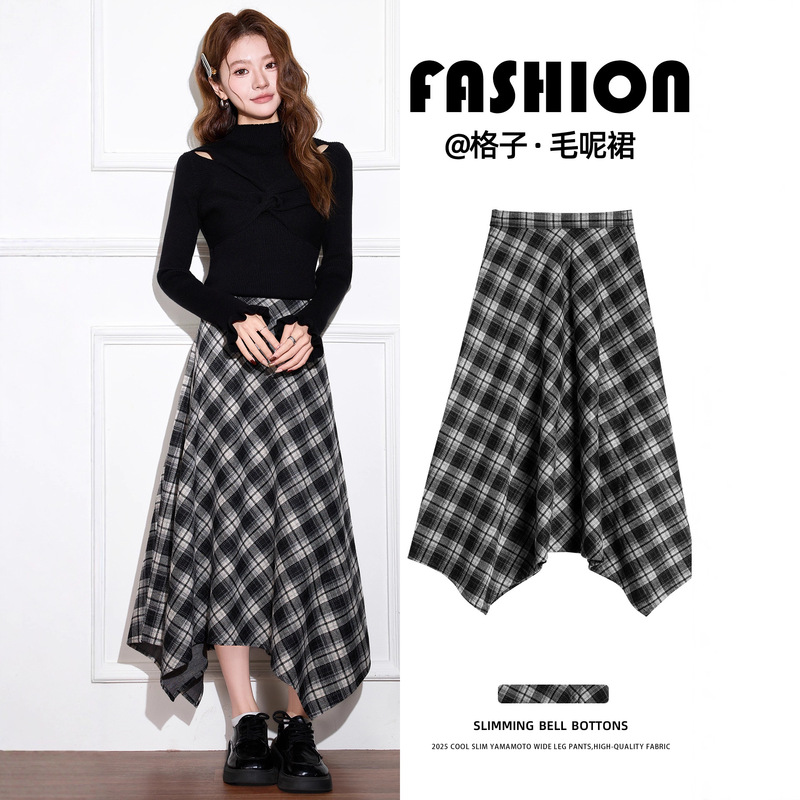 Plaid Skirt for Women, High-Waisted A-Line Long Skirt, Plus Size for Pear-Shaped Body, Berkeley Irregular Half-Skirt, 2026 Summer New Style