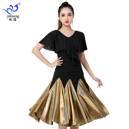 Women girls black with red Latin ballroom dance dresses royal blue large swing skirt waltz tango performance outfits for female