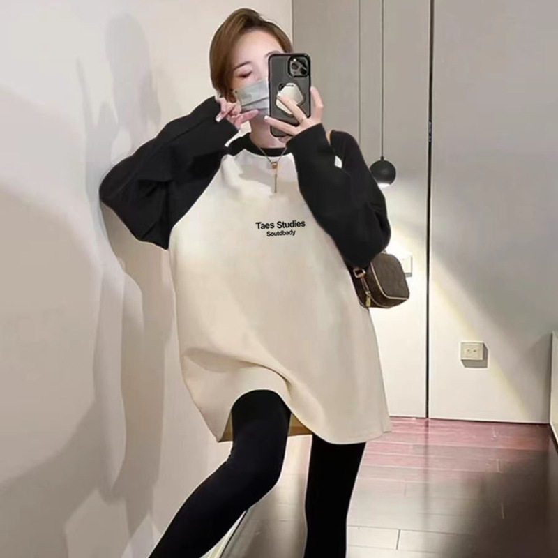 2025 New Autumn and Winter Maternity New Contrast Color Brushed Long-Sleeved T-Shirt Mid-Length Loose Large Size Hip Top 2025 New Autumn and Winter Maternity New Contrast Color Brushed Long-Sleeved T-Shirt Mid-Length Loose Large Size Hip Top