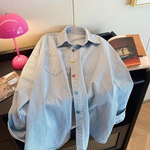 Korean Style Fresh and Youthful Color-Block Striped Shirt for Men and Women, Unique and Distinctive Colorful Button Casual Shirt for Spring and Autumn
