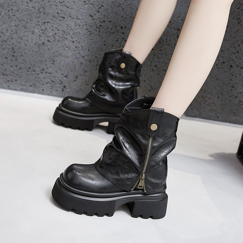 厚底马丁靴女2025秋冬新款套脚中筒短靴内增高裤管靴英伦风烟筒靴