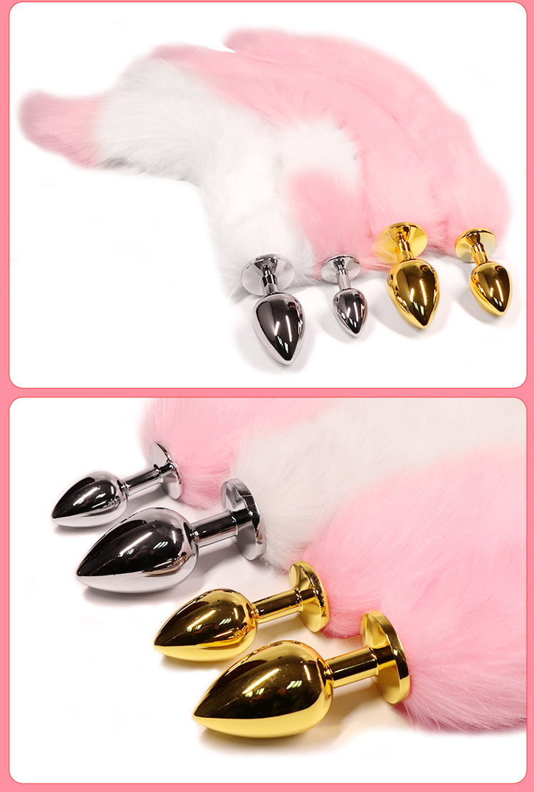 Fox Tail Anal Plug with Silicone Base, Pink and White, Small Size for Adult Couples — detail image 11