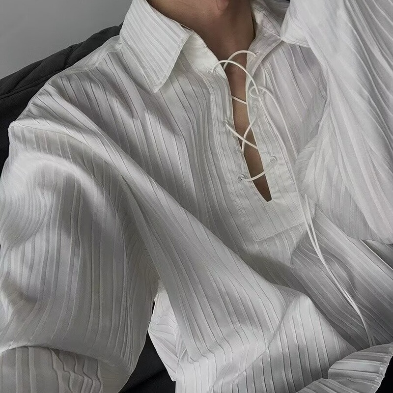 2024INS Niche Design Sense Strap Shirt Men's plus size Gender-free Loose Striped Shirt Tide