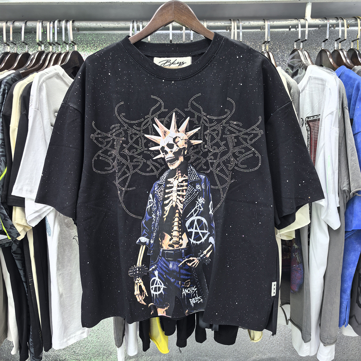 Transfronterizo nueva venta en caliente BKS camiseta de manga corta extraña esqueleto retro lavado de agua caliente perforación en caliente para hombres y mujeres de moda en stock lotes