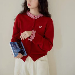 复古花边拼接韩系针织开衫2025秋冬新款优质毛衣女甜美清新风外套