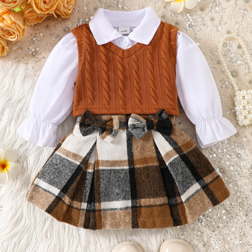 Spring and Autumn European and American Women's Little Girl Set White Long-Sleeve Blouse Khaki Cardigan Check Short Skirt Fashion Three-Piece Set