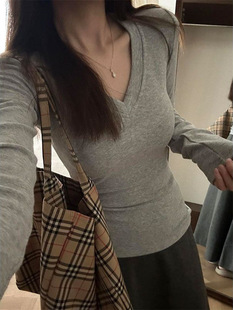 Pure Gray V-neck, shoulder-length-sleeved T-shirt for women in autumn and winter underwear, slim-fitting basic hot girl tights