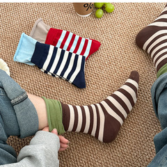 雙襪口條紋撞色襪子女拼接日系復古ins潮韓版無骨中筒堆堆襪