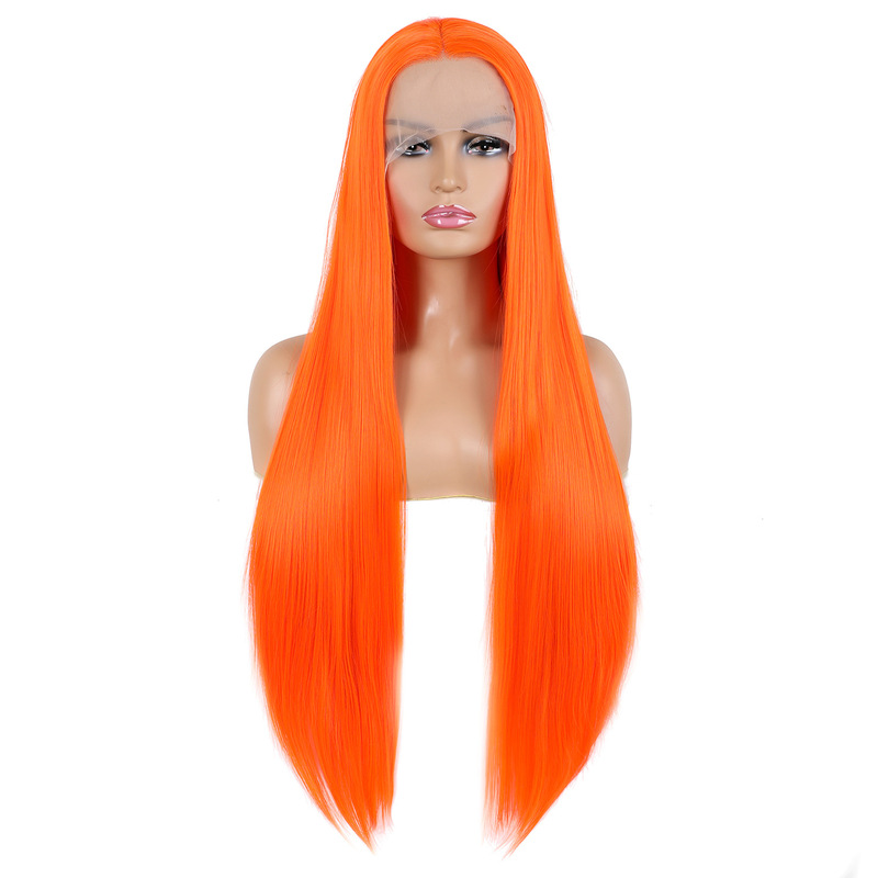 13*4 Lace Front Wig for Women, Orange Long Straight Hair, Synthetic High-Temperature Fiber Wig, Half Hand-Woven Lace Hairpiece