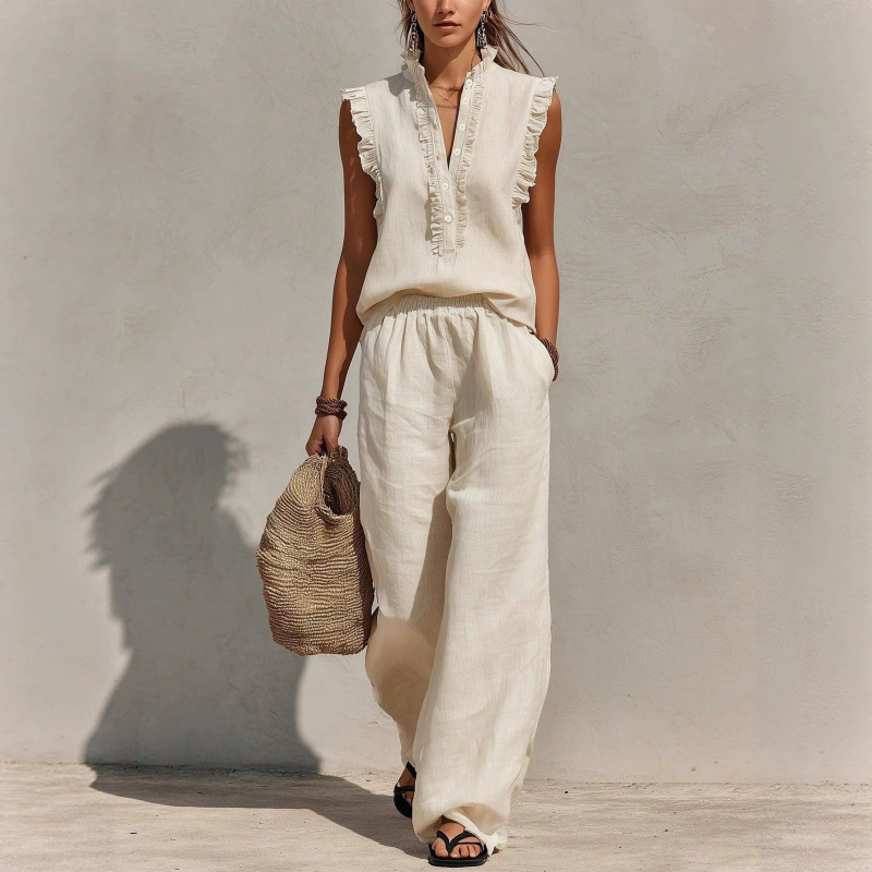 2026 Summer European and American Foreign Trade Sleeveless Ruffle Vacation Style Casual High-Waisted Wide-Leg Pants Women's Two-Piece Set