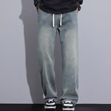 Q 33023 Washed Denim Drawstring Loose Fit Pants ��ʽˮϴţ��