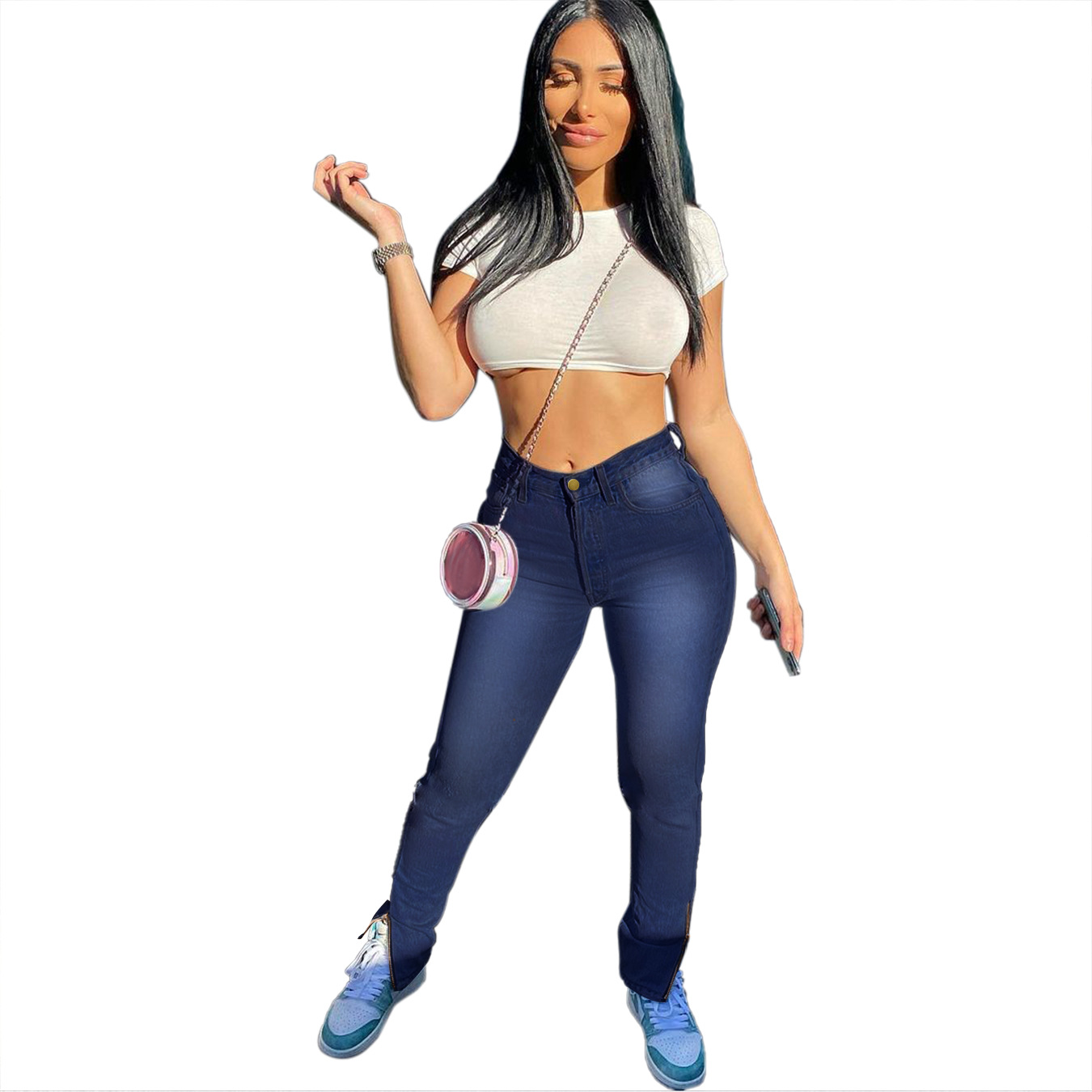 high waist slim-fit slit jeans nihaostyles clothing wholesale NSWL85323
