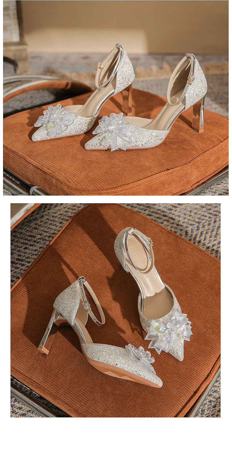 Giày sandal cao gót nữ quai ngang mũi nhọn bạc — Màu bạc chi tiết 16