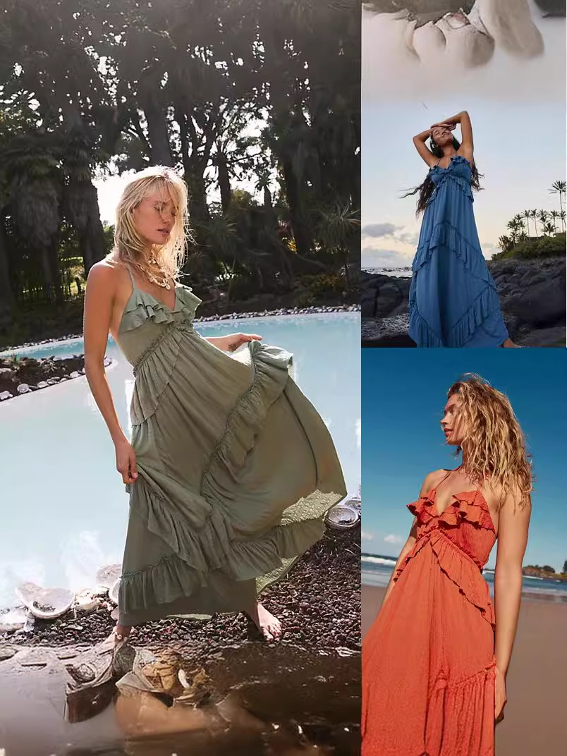 Ropa de mujer europea y americana 2024 verano nuevo estilo color sólido sexy tirantes con cuello en V sin espalda vestido largo mujeres comercio exterior al por mayor image 3