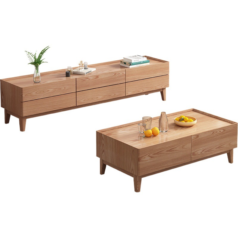 Mesa de té de estilo de registro mesa de té de madera maciza nórdica combinación de gabinete de TV moderno minimalista hogar sala de estar pequeño apartamento madera de cera blanca