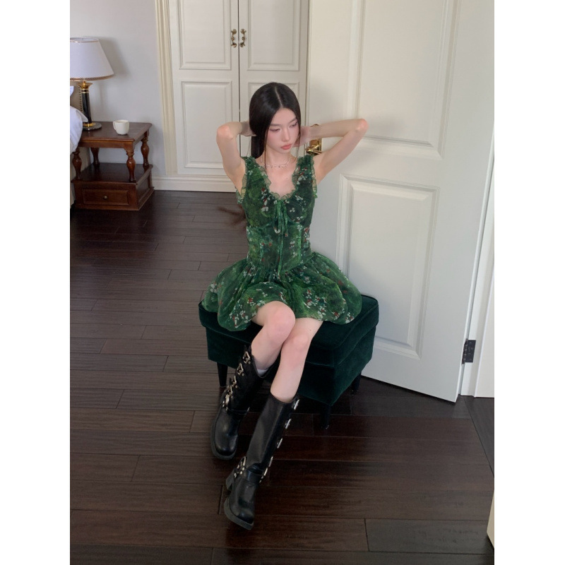 "Monet's Brushstrokes" Forest-Style Fairy-Like Girl-Like Dark Green Chiffon Ruffled Bubble Skirt Dress