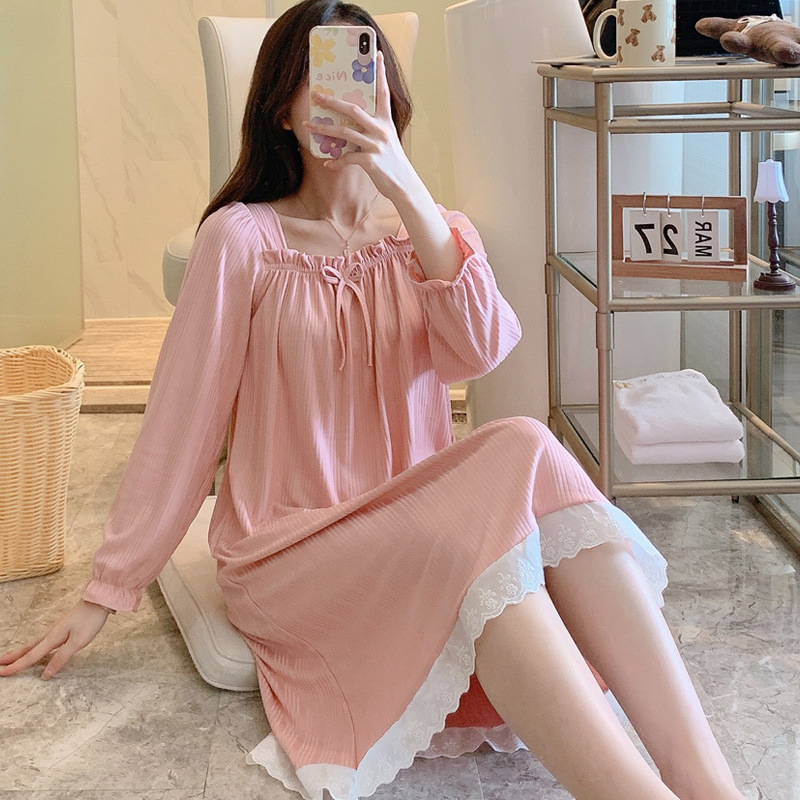 Otoño nuevo pijama simple vestido de mujer rodilla dulce encaje princesa en vivo pijama casero al por mayor
