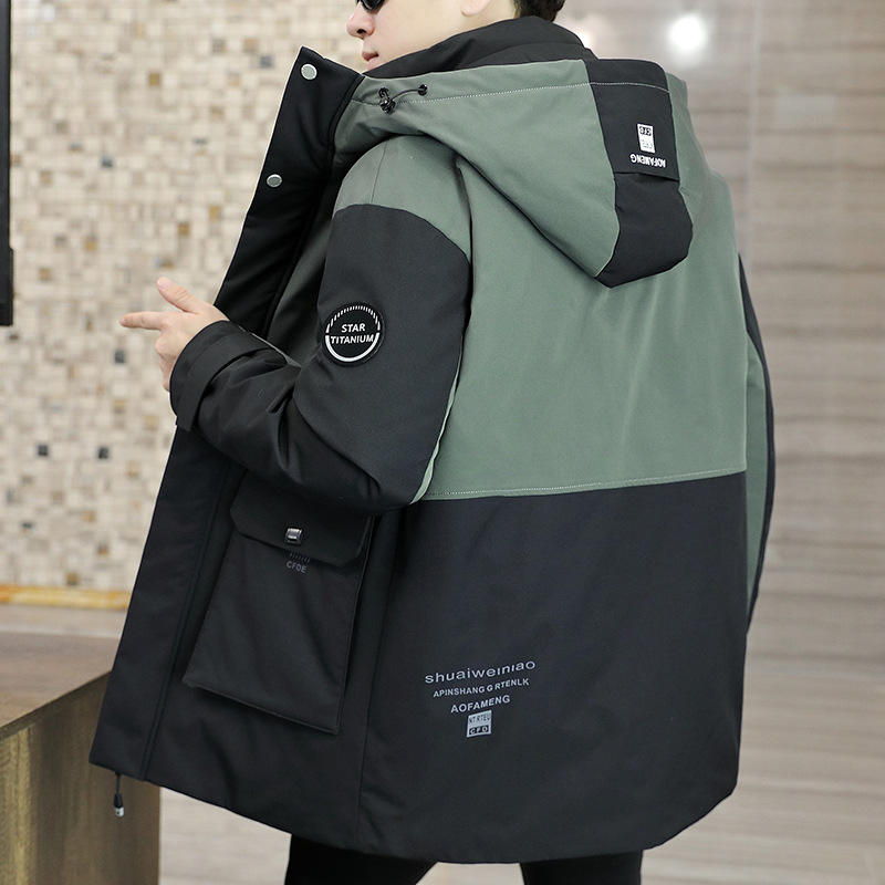 Abrigo juvenil de los hombres con capucha de longitud media más el tamaño de los hombres guapos chaqueta acolchada de algodón de invierno chaqueta acolchada de moda costura de moda engrosada