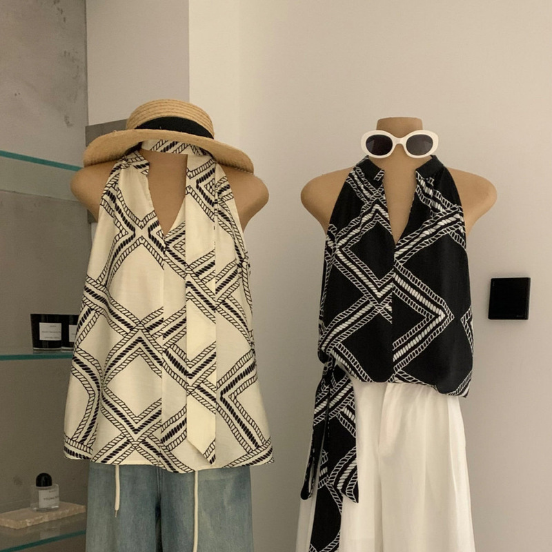 Wgwe Summer Design Plaid Sleeveless Shirt Vest Women's French High-End Printed Halter Top W9293 Wgwe Summer Design Plaid Sleeveless Shirt Vest Women's French High-End Printed Halter Top W9293