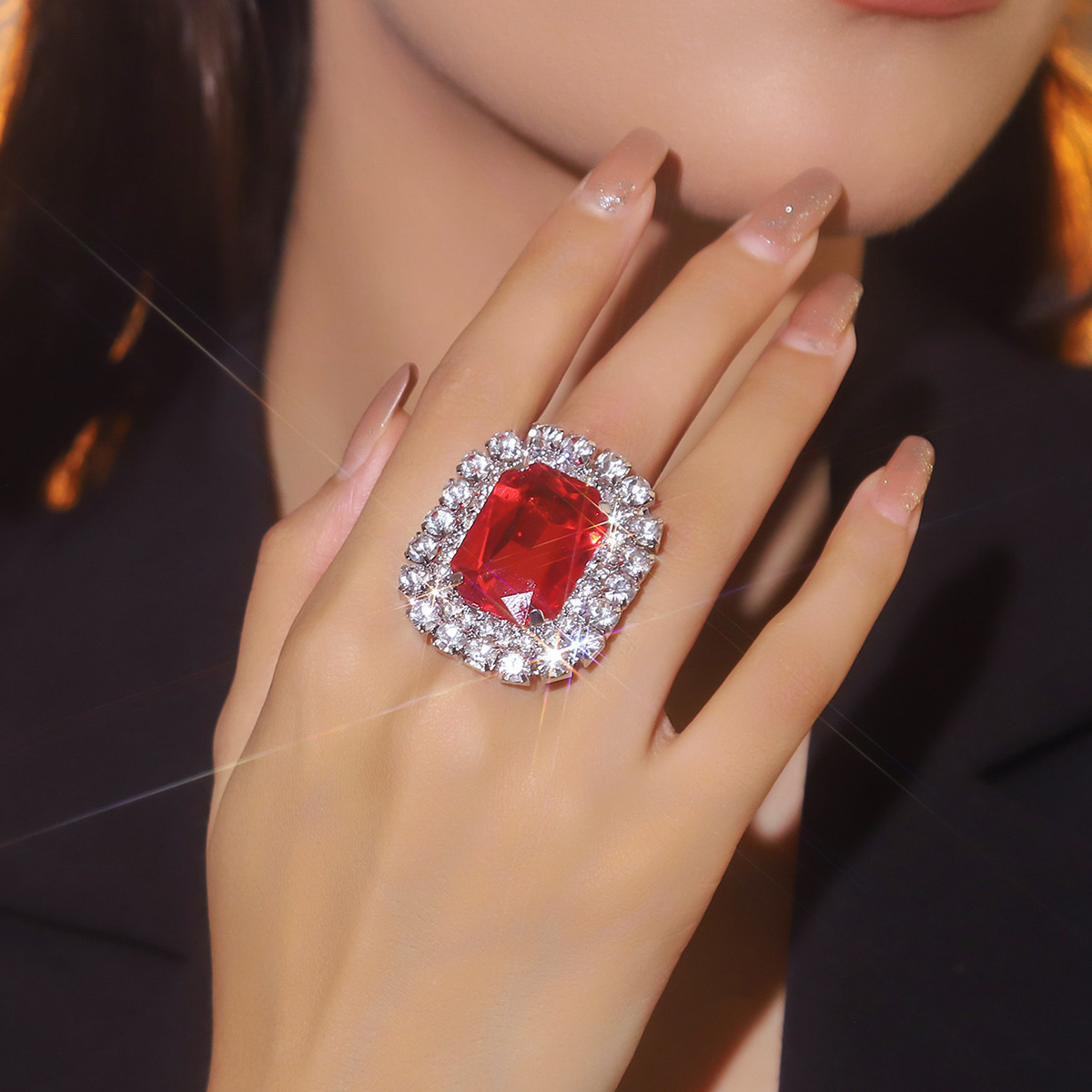 欧美跨境 高端闪亮水钻戒指女 气质百搭开口可调节戒指指环手饰品