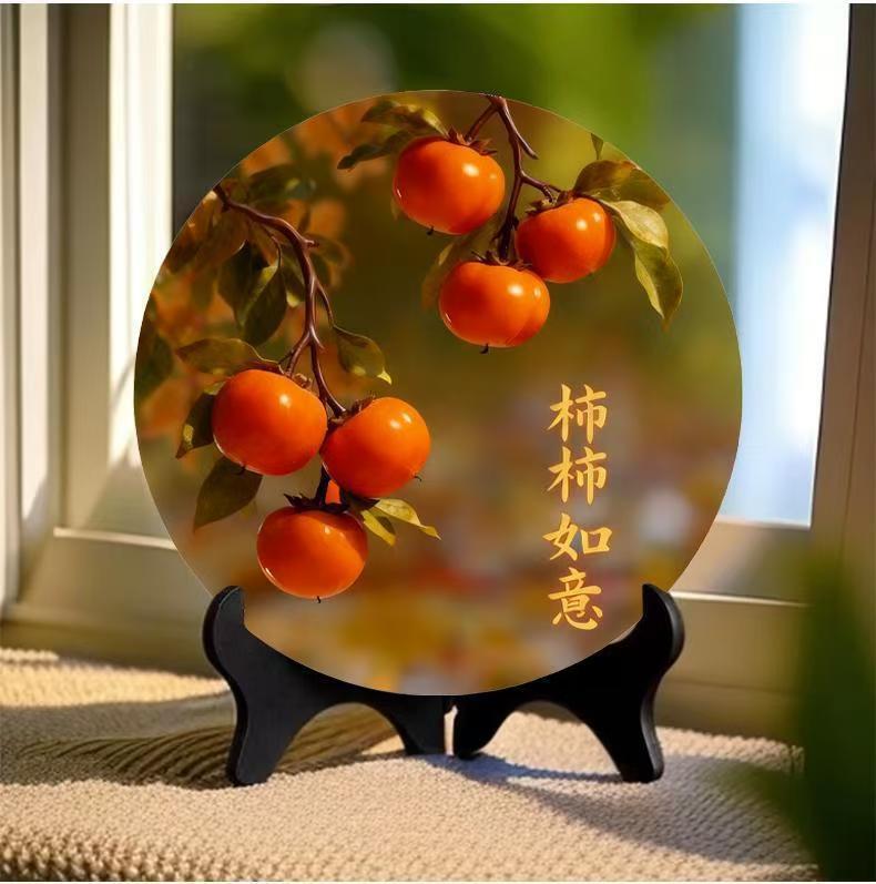 Persimmon Ornament with Auspicious Meaning, Modern Chinese Style Decorative Painting, Picture Frame for Dining Room, Office, Desktop, Entryway, Home, Housewarming Gift